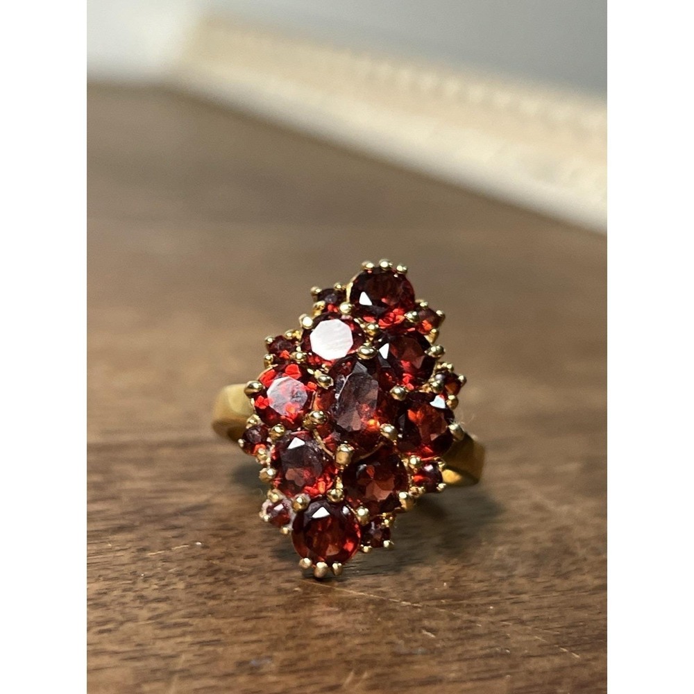 Vtg SETA Co. Gold Plated Cocktail Ring Glass Faux Garnets Goth Art Victorian 8.5